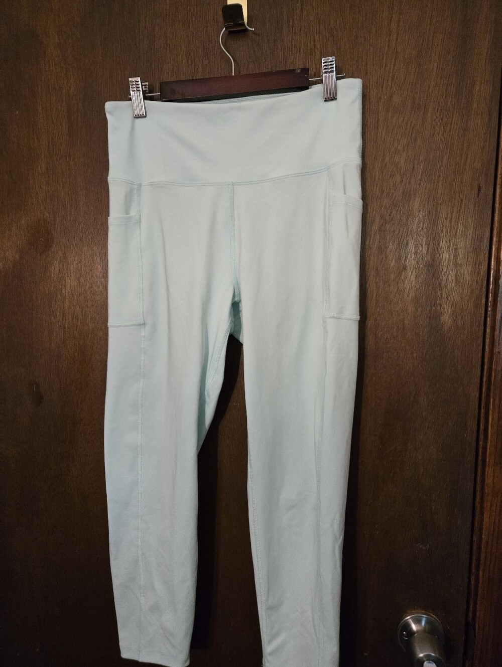 High-Waist Light Blue Womens Leggings with Side Pockets Large